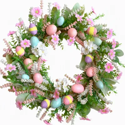 Easter Wreath Thread Wrapped Eggs Pink Daisies Sage Leaves Spring Door Hanging Decor 45cm 55cm