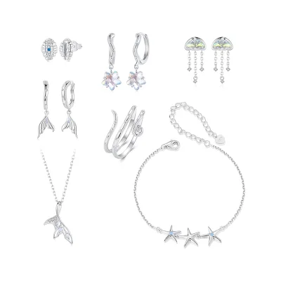 Factory Price 925 Sterling Silver Shell Jellyfish Earrings Unique Octopus Fishtail Earrings Necklace Ring Set for Women