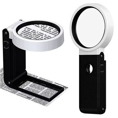 Folding Handheld Reading Magnifying Glass with LED Cold and Warm UV Light Acrylic ABS 80mm Lens