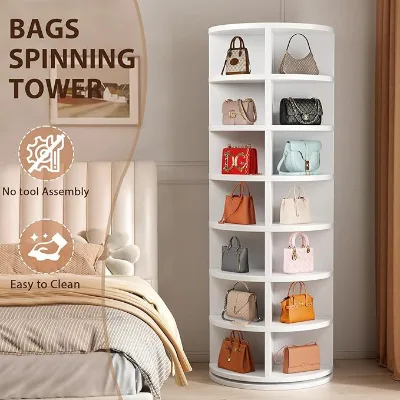 RXZZ 7-Tier 360 Degree Rotating Shoe Rack White Plastic Storage Tower Cabinet for Bedroom Living Room Hallway Handbag Organizer
