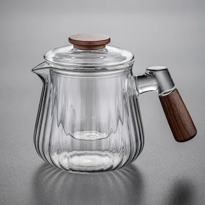 600ml Bicolour High Borosilicate Resistance Coffee Cup with Tropical Wooden Lid Vertical Striped Glass Business Feature