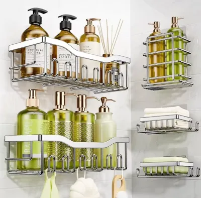 5 Pack 304 Stainless Steel Rustproof Storage Kitchen Rack No Drill Adhesive Shower Caddy Organizer 20 Snap Hook Metal