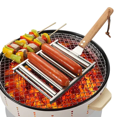 BBQ Accessories Hot Dog Griller Roller with Handle Sausage Roller Rack Stainless Steel Hot Dog Roller