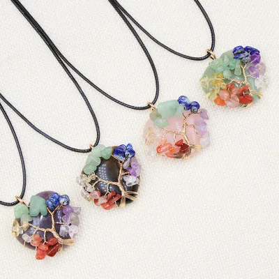 Natural Crystal Tigers Eye Rose Quartz Wire-Wrapped Rainbow Stone Pendant Fashionable Heart-Shaped Necklace Clavicle Chain