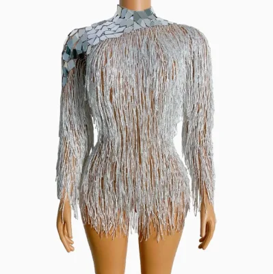 2025 Hot Rhinestone Sparkly Silver Sequins Leotard Bling Fringes Bodysuit Costume Birthday Dance Singer Stage Wear Dress
