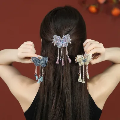 Alloy Fabric Hair Accessories Temperament Embroidery Butterfly Fringe Hair Clip Small Grab Hair Clip for Women