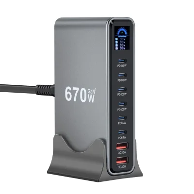 670W GaN Multi-Function Desktop Charger with Digital Display 8 Ports Adapter PD140W Output Fast Charging