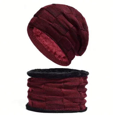 MHK75 Riding Ski Cashmere Mens Winter Scarf Hat Set Sets Neck Warmer Knit Wool Lining Thick Men Beanies Skullies Cap