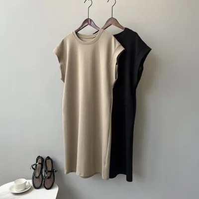 Women Simple Round Neck Cap Sleeve Loose Relaxed Fit Midi T Shirt Dress for Daily Casual Wear
