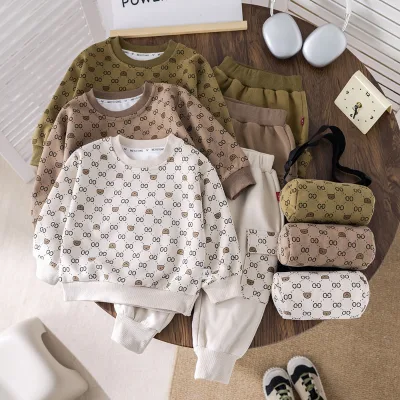 Boys' Autumn Outfit Set, Two-piece Set, Free Package, Hoodie, Letter Cartoon Teddy Bear Set, Children's Set