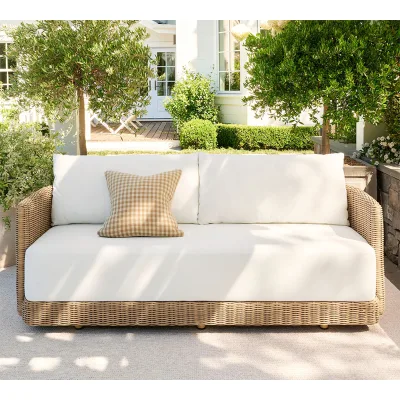 Modern PE Rattan & Aluminum 2-Seater Weather Resistant Outdoor Sofa with Cushions Eco-Friendly Hospital Use Garden Furniture