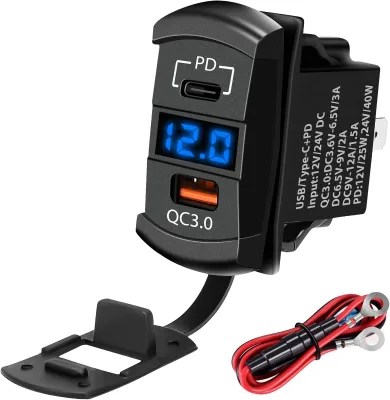 New 12V Aluminum Rocker Switch USB-C Car Charger with 45W Quick Charge 3.0 Adapter PD Charge Panel