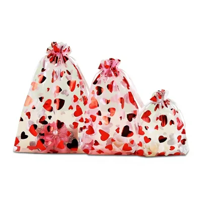 Factory-direct Stock Gold-stamped Organza Heart-shaped Festive Gift Bags; Christmas Valentines Day Birthday Drawstring Candy