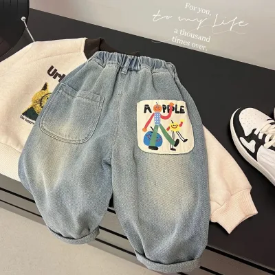 New Baby Girl Children's Cotton Jeans Spring Autumn Western Style Printed Trousers with Elastic Waist Softening Treatment