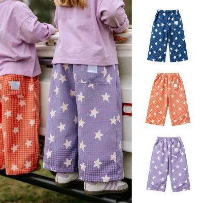 Kids Pants  Autumn/Winter Nordic-Style Cute Plaid Star Print Elastic High Waist Softened Loose-Fit Trousers for Girls