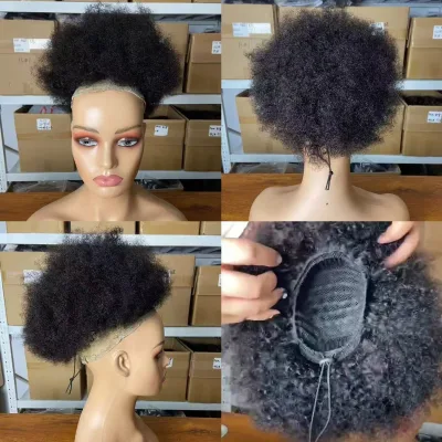 Afro Puff Hair Bun Chignon Accessories Short Drawstring Human Hair Short Afro Kinky Curly Machine Made Hair Extension