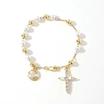 Unisex Gold Plated Cubic Zirconia Religious Bangle, Christian Bangle,  Gold Layered, Pearl Chain, Cubic Zirconia Bangle.