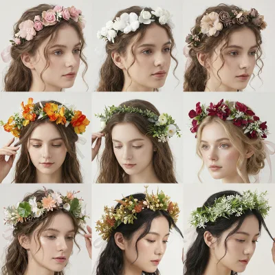Fashionable Fabric Flower Wreath Headband Forest Style Ribbon Floral Hairband Handmade Beach Wedding Bridal Hair Accessories