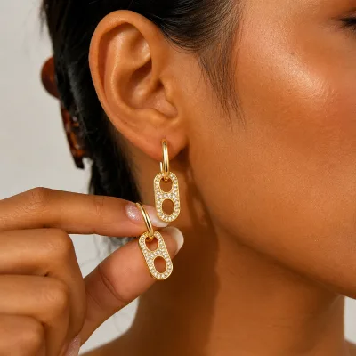 18K Gold Plated Brass Huggie Hoop Earrings Micro Pave CZ Oval Link Detachable Geometric Dangle Drop Earrings for Women