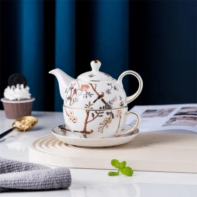 Wholesale Eco-friendly Microwave & Dishwasher Safe 10 oz Capacity Simple Flower Bird Design Single Cup Ceramic Teapot Cup Set