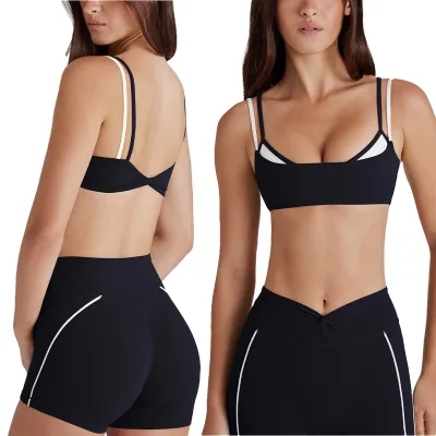 Activewear Women 2 Piece Set Breathable Solid Yoga Vest with Pads Sexy Crisscross Back Bra & Fitness Shorts Sports Suits for Gym