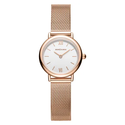 AMOVAN Mini Rose Gold Women Watch White Dial Japan Quartz Movement 30M Waterproof Stainless Steel Mesh Band Ladies Wrist Watch