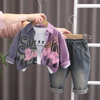 Boys' Spring and Autumn Set New Children's Color Blocked Shirt Coat T-shirt Pants 3-piece Set
