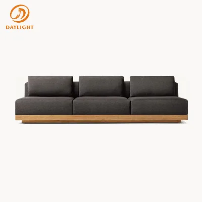 Modern Outdoor 3-Seater Sofa, Armless Low Profile Patio Couch Teak Wood Base Dark Gray Cushions Minimalist Garden Deck Furniture