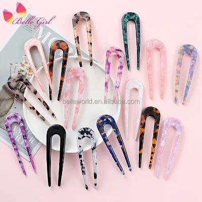 BELLEWORLD Korean Version Hot Selling Hair Sticks for Women Hair Forks Acetate U Shape Hair Pins Horquillas De Pelo Al Por Mayor