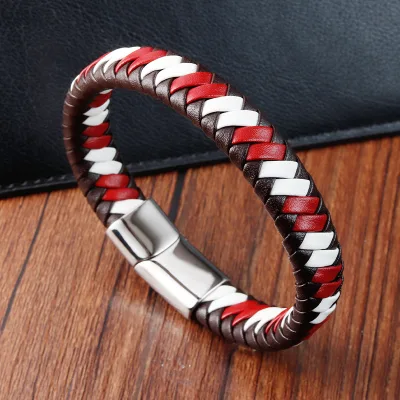 Hand-woven red and white leather bracelet genuine leather braided cord with vintage-style stainless steel accents