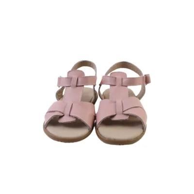 Pink Genuine Leather Sandals for Girls Open-Toe Cross Design with Comfortable Flat Sole