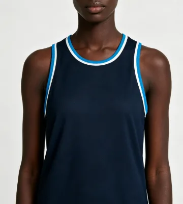 Men Mesh Basketball Tank Top Breathable Quick Dry Navy Blue Jersey with Blue White Trim for Training
