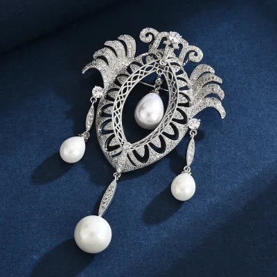 Exquisite Men's & Women's Fashion Crown Brooch with Long Tassel Shiny Zircon Pearls for Wedding Parties & Formal Events