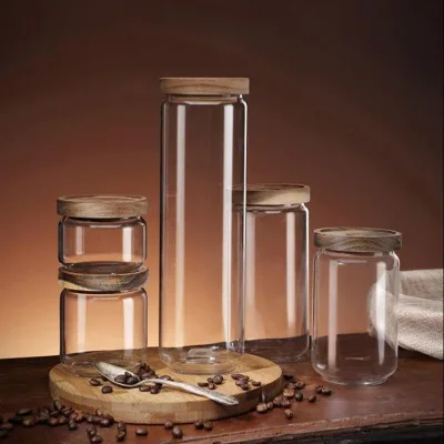 56H Wooden Lid Glass Sealing Jars Stackable Storage Jars Clear Glass Kitchen Storage Jars
