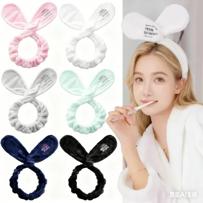 Custom Embroidery Logo Cute Bunny Ear Facial Cosmetic Head Wrap Twist Knotted Rabbit Ears Velvet Headband with Metal