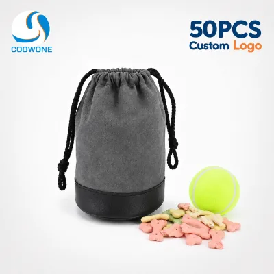 Custom Drawstring Closure Grey Dog Treat Pouch with PU Leather Pet Training Pouch Multi Function Organiser Bag for Pet Products