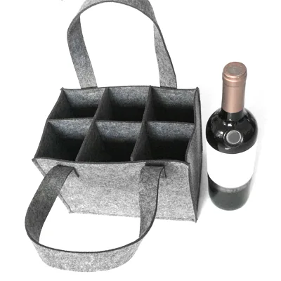 Dark Gray Eco-Friendly Reusable Wine Bottle Carriers 6 Bottles Felt Wine Bottle Tote Bag