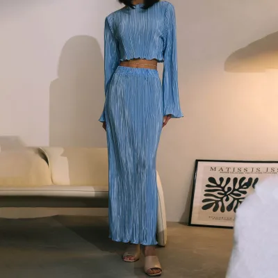 Fashion Women Clothing Casual Pleated Long Sleeve Women Skirt Sets Two Piece Outfits