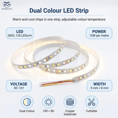 High Quality DC12V 2835 8mm 12W/M 120LEDs LED Light Strip IP22 Two Color White/Warm Neutral Light Copper Bracket PVC Body