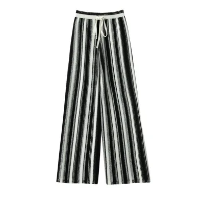 2024 Fashionable Cashmere Pants Striped Color Block Casual Loose Wool Trousers for Women
