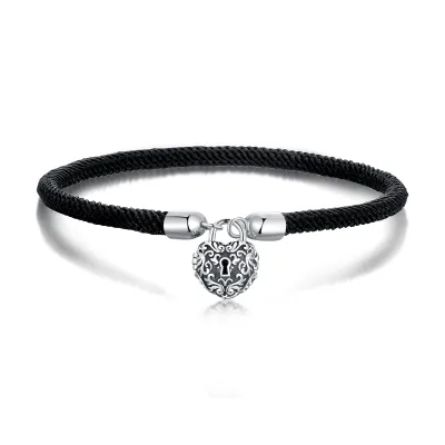 Handmade String Bracelet 925 Sterling Silver Black Designer Charms Heart Lock Bracelet for Kids