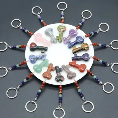 Wholesale Key Shaped Crystal Key Chain Natural 7 Chakra Bead Healing Stone Crystal Keychain