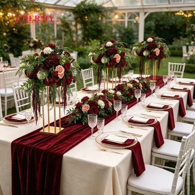 Burgundy Red Tall Gold Vase Wedding Table Centerpiece Artificial Rose Hydrangea Trailing Greenery Floral Arrangement for Banquet