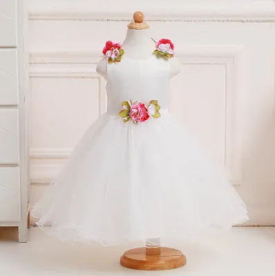 Import China Formal Girls Summer Sleeveless Decorative Flowers for Snow White Dress Polyester/Cotton