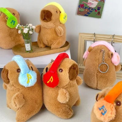 Cute Capybara with Headphones Kids Toy Head Cover Cappibala Doll Keychain Pendant Soft Stuffed Animal Doll Couple Keychain Gift
