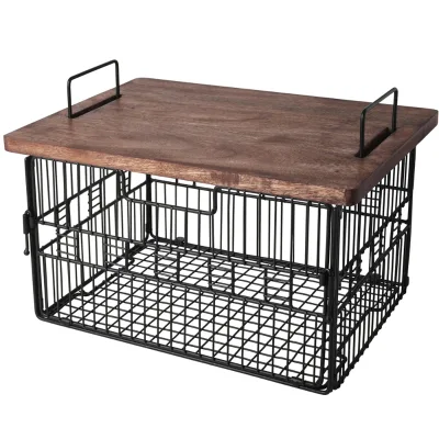 Foldable and Stackable Metal Basket with Wooden Lid for Chopping Board Use and Multipurpose Storage Wire Basket