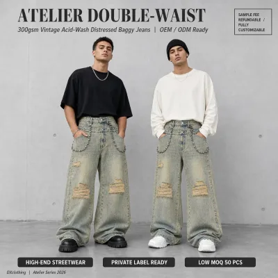 Custom 300GSM Double-Waist Acid-Wash Distressed Baggy Jeans Pearl Stud Chain OEM ODM Private Label Low MOQ Refundable for Brands