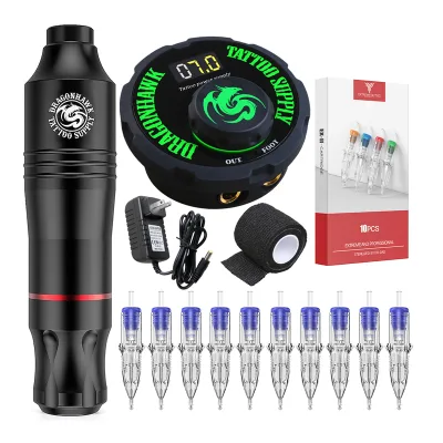 Dragonhawk Complete Wireless Permanent Tattoo Kit Rotary Pen Set with Tattoo Needle 10pcs