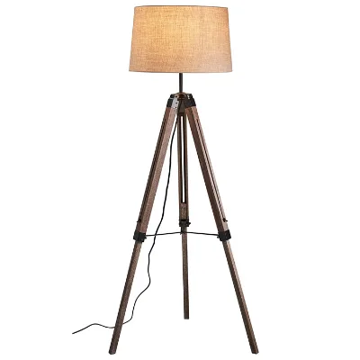 Tripod Floor Lamp Faux Leather Lampshade and Wood Base