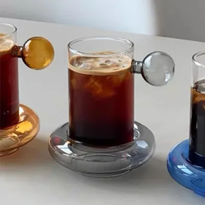 Crystal Coast Modern Glass Coffee Cup & Saucer Set with Ball Handle 250mL Heat Resistant Eco-Friendly Home Drinkware